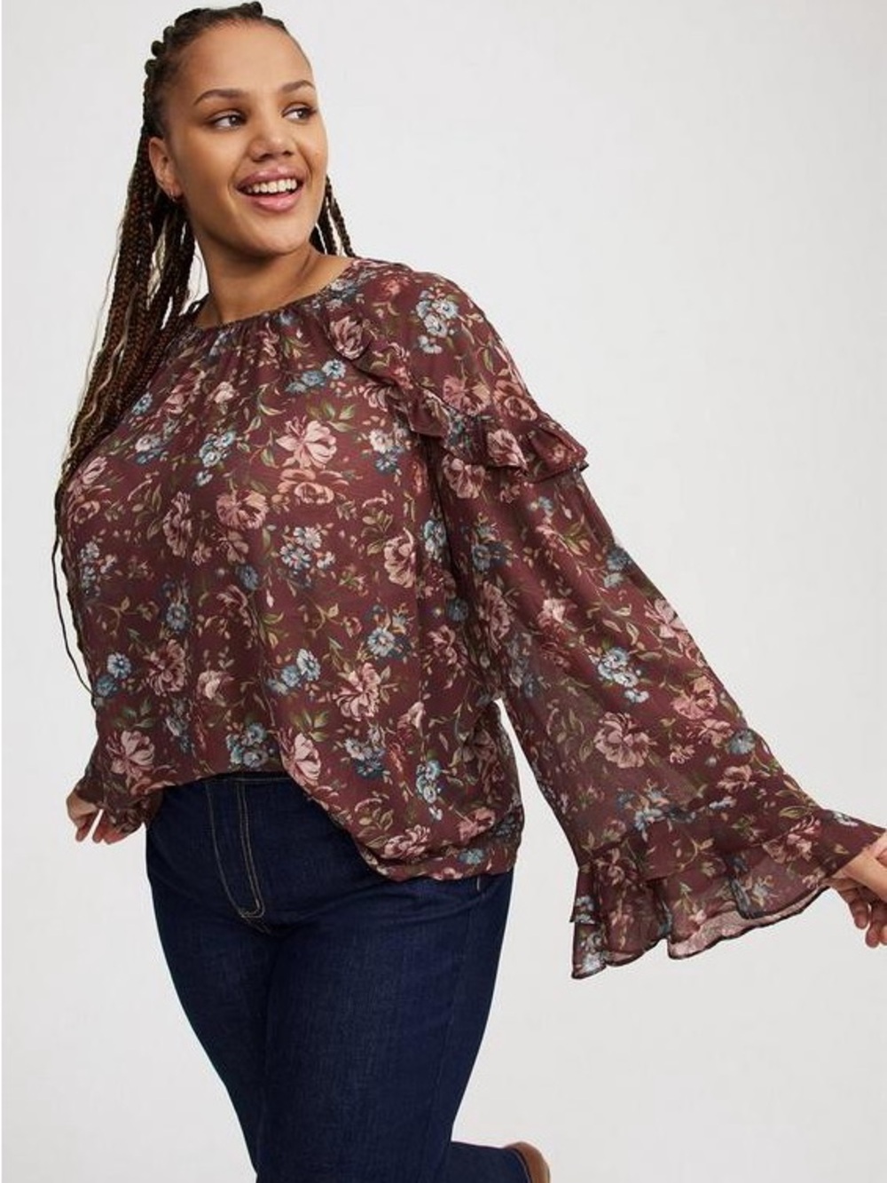 NWT Torrid Secret Garden Floral Chiffon Ruffle Blouse Wine Size 5X